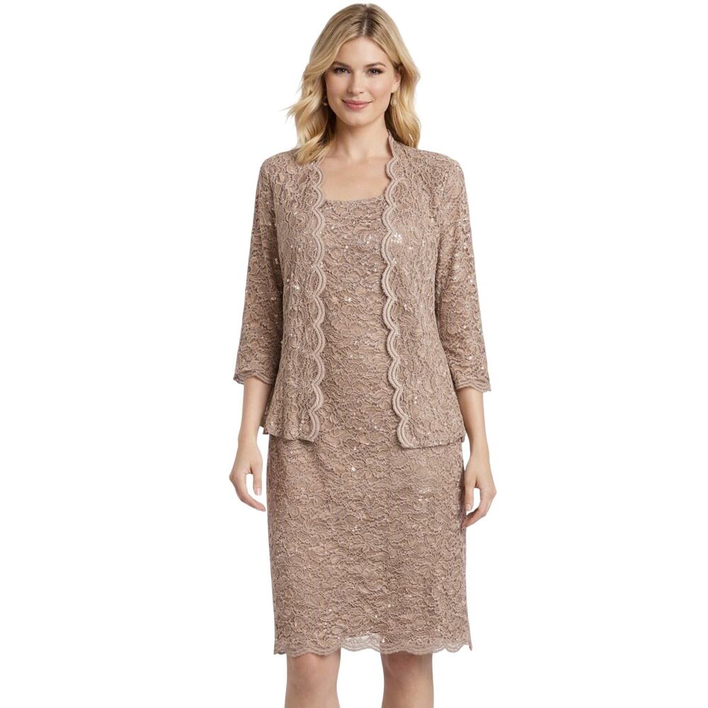 Alex Evenings Beige Lace Dress & Jacket Set – Sequined Floral Design, Size 14